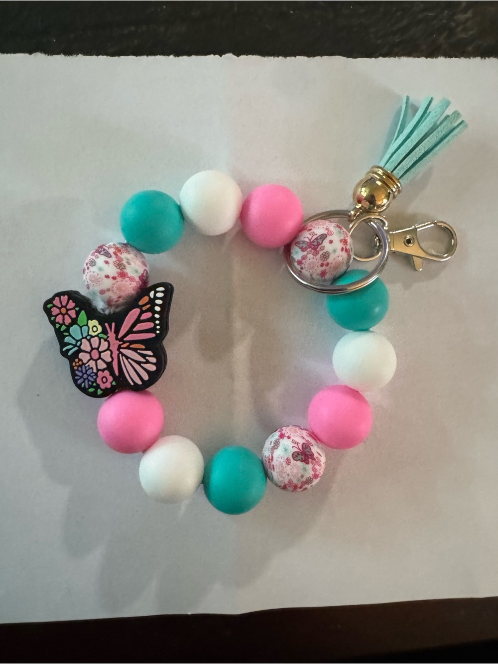 Kids Butterfly Bead Keychain Bracelet - Pink, Teal & White